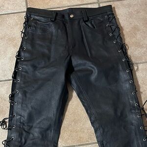 Black Lace-Up Leather Pants 32